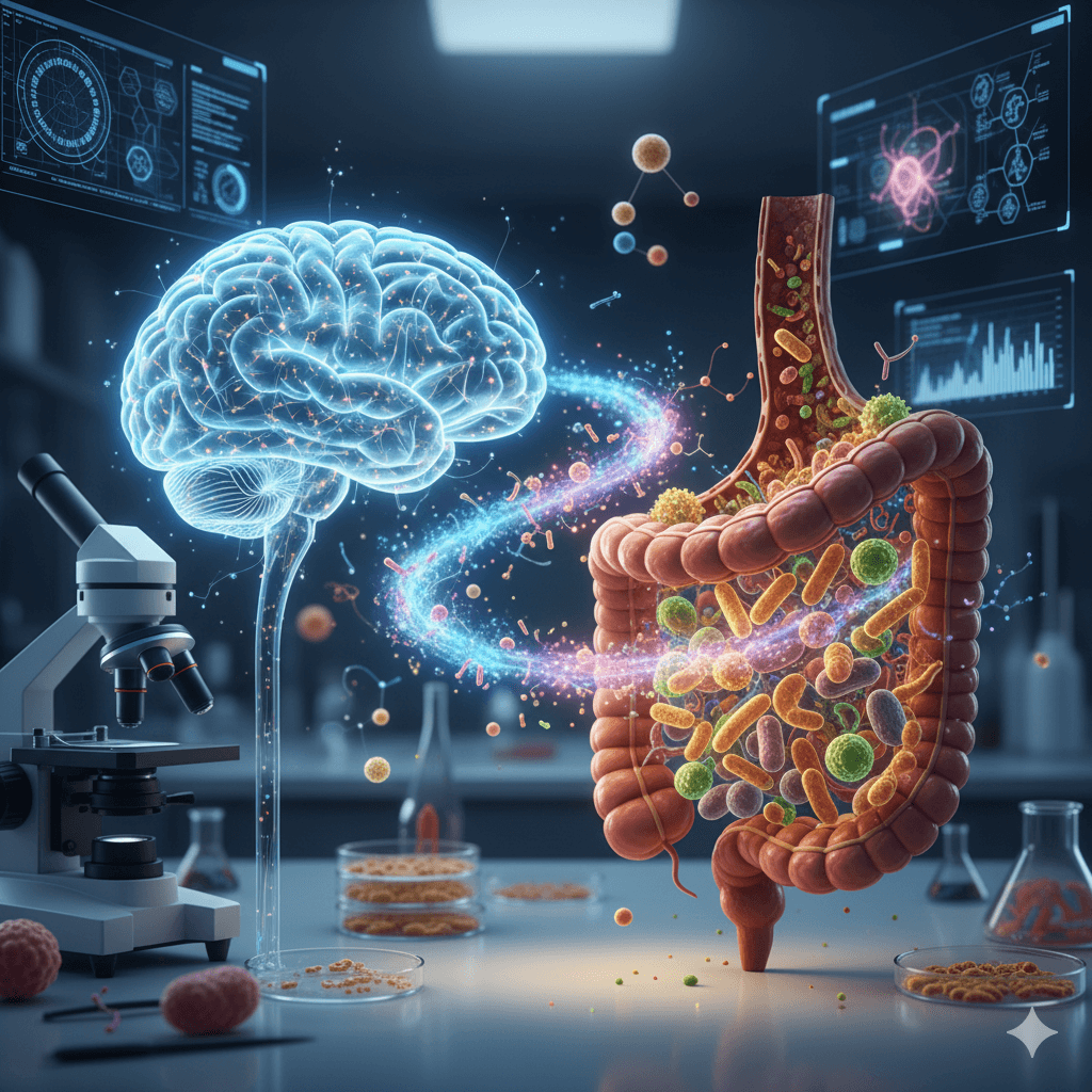 Illustration of gut-brain axis connection through microbiome diversity